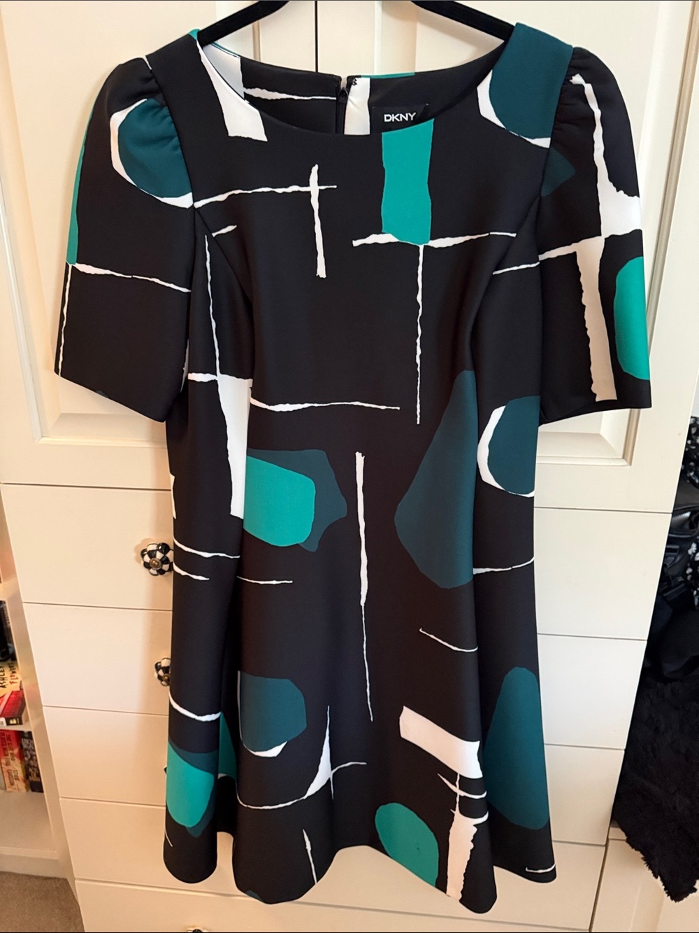 DKNY Black Dress with Green and White Abstract Print